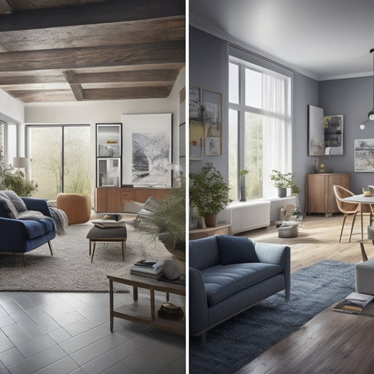 A split-screen image: a messy, half-demolished living room on the left, and a beautifully renovated, modern space on the right, with a subtle hint of a blueprint or architectural drawing in the background.