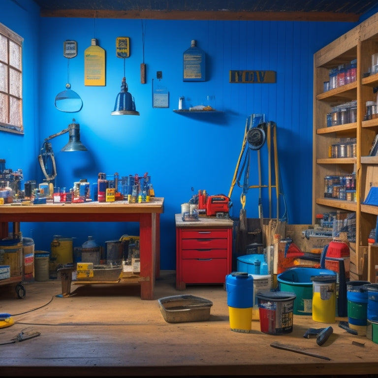 A tidy, well-lit workshop with a variety of budget-friendly paint sprayers of different sizes and brands on a wooden workbench, surrounded by paint cans and renovation tools.