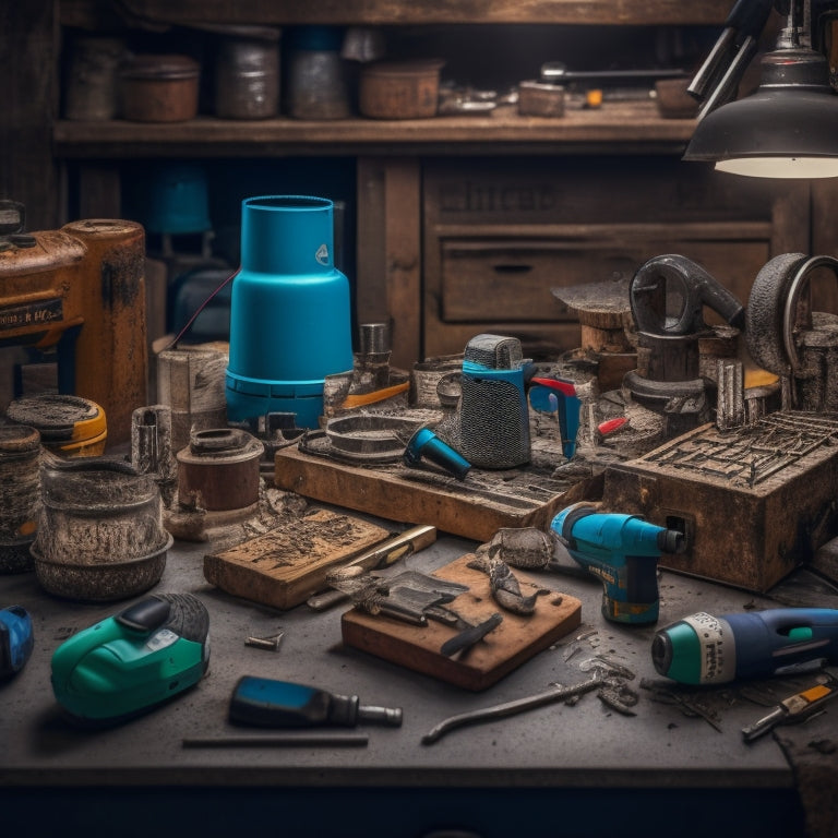 A cluttered workbench with various used drilling tools scattered about, including a cordless drill with worn grip, a drill press with metal shavings nearby, and a pegboard in the background.