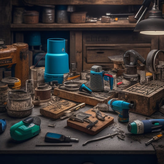 A cluttered workbench with various used drilling tools scattered about, including a cordless drill with worn grip, a drill press with metal shavings nearby, and a pegboard in the background.