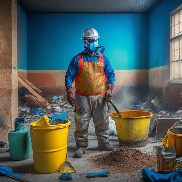 An image depicting a person wearing a dust mask, safety goggles, and gloves, standing in front of a partially demolished wall with a bucket and tools scattered around, surrounded by drop cloths and caution tape.