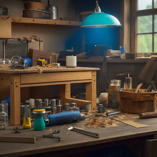 A cluttered workbench with a cordless drill, level, and tape measure surrounded by scattered screws, nails, and wood shavings, with a faint blueprint of a house in the background.