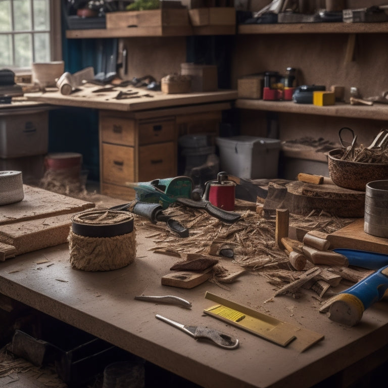 A cluttered workbench with a tape measure, level, wrench, and pliers scattered among wood shavings and half-finished DIY projects, with a partially renovated room blurred in the background.