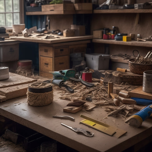 A cluttered workbench with a tape measure, level, wrench, and pliers scattered among wood shavings and half-finished DIY projects, with a partially renovated room blurred in the background.