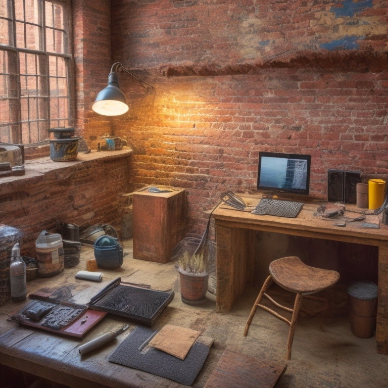 A messy, half-renovated room with scattered tools and materials, surrounding a central workstation with a tablet displaying a budget spreadsheet, amidst a backdrop of exposed brick and partially painted walls.