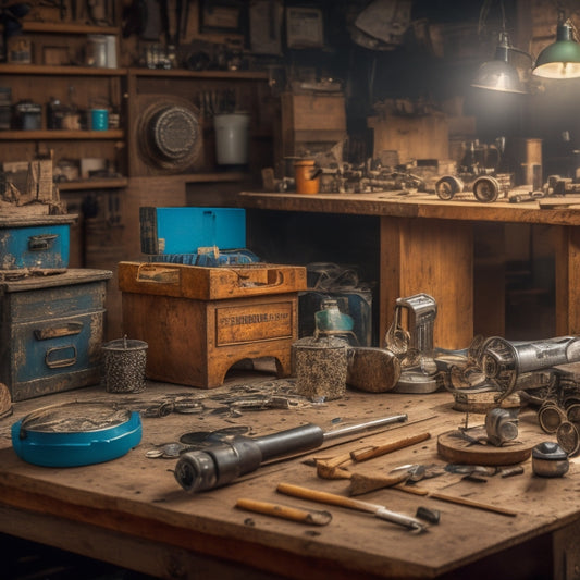 A cluttered workshop background with a refurbished cordless drill on a wooden workbench, surrounded by scattered tool catalogs, a magnifying glass, and a few scattered coins.