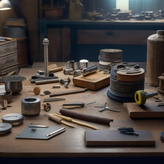 A cluttered workshop table with various DIY tamping tools in progress, including a wooden dowel with metal washer, a metal rod with rubber grip, and a wooden block with screws and nails.