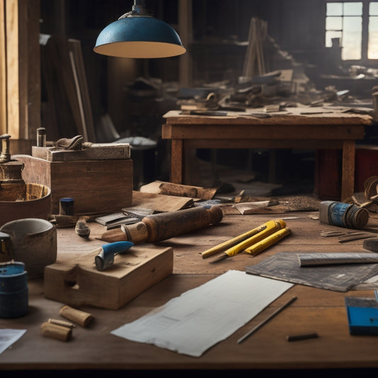 A cluttered workspace with three distinct leveling tools on a wooden table, surrounded by renovation materials like hammers, drills, and scattered blueprints, with a blurred background of a renovation site.