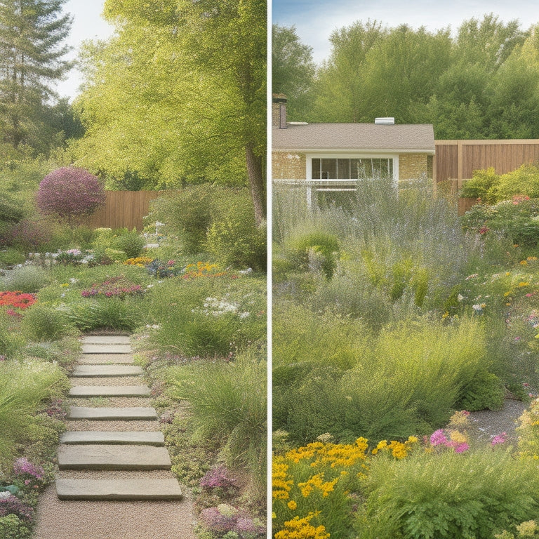 A serene backyard scene with a before-and-after split: a worn, weed-infested garden bed on the left, and a lush, thriving bed on the right, with refurbished wooden borders and vibrant flowers.