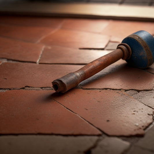 A worn, rusty grouting tool lies broken on a dirty, cracked tile floor, next to a sturdy, shiny one, with a faint shadow of a renovation scene in the background.
