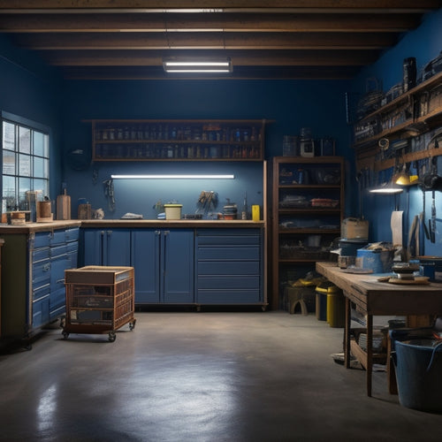 A cluttered, dimly lit garage with old cabinets, rusty tools, and a worn-out epoxy floor transitions to a bright, organized space with sleek cabinets, a workbench, and a glossy, epoxy-coated floor.