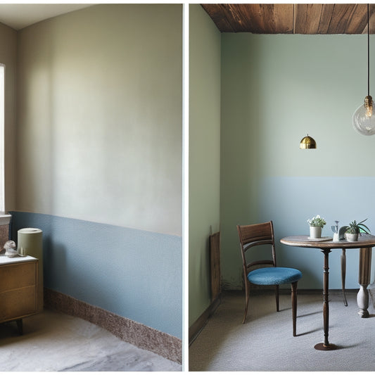A before-and-after split-screen image: a dull, outdated wall on the left with peeling paint, old wallpaper, and a single, flickering lightbulb, versus a bright, modern wall on the right with fresh paint, sleek decor, and warm, ambient lighting.