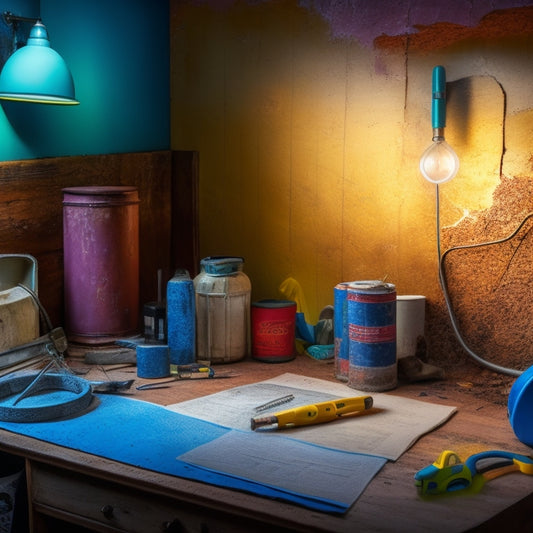 A cluttered wall with torn wallpaper, exposed wires, and cracks; a checklist clipboard lies nearby, with a pencil and a flashlight, surrounded by scattered tools and renovation materials.