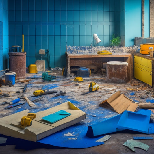 A chaotic construction site with broken tiles, scattered tools, and a half-demolished wall, contrasted with a tidy, organized workspace in the background, with a blueprint and a level on a clean table.