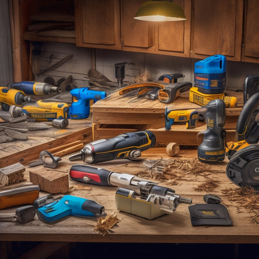 A cluttered, yet organized, workshop table with various power tools, including a cordless drill, impact driver, circular saw, jigsaw, and router, surrounded by scattered wood shavings and renovation plans.