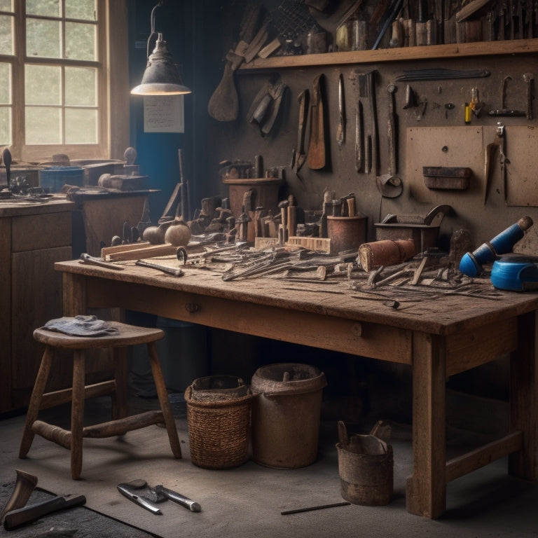 A cluttered workbench with various hammers, each with distinct handles and heads, surrounded by renovation tools and materials, with a subtle background of a partially renovated room.