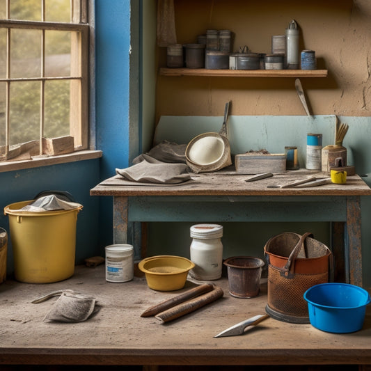 A tidy workbench with a putty knife, trowel, hawk, level, pencil, and joint knife, surrounded by a small bucket of plaster, a mixing tray, and a dust mask, against a backdrop of a partially renovated wall.
