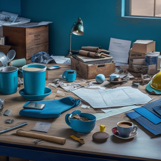A cluttered room with blueprints, hammers, and construction hats scattered on a coffee table, surrounded by empty coffee cups and crumpled up papers, with a calendar on the wall in the background.