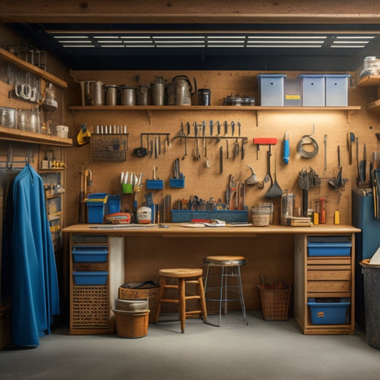 A cluttered garage with scattered tools and storage bins, contrasted with a sleek, organized workspace in the background, featuring a pegboard, cabinets, and a workbench with a vice.