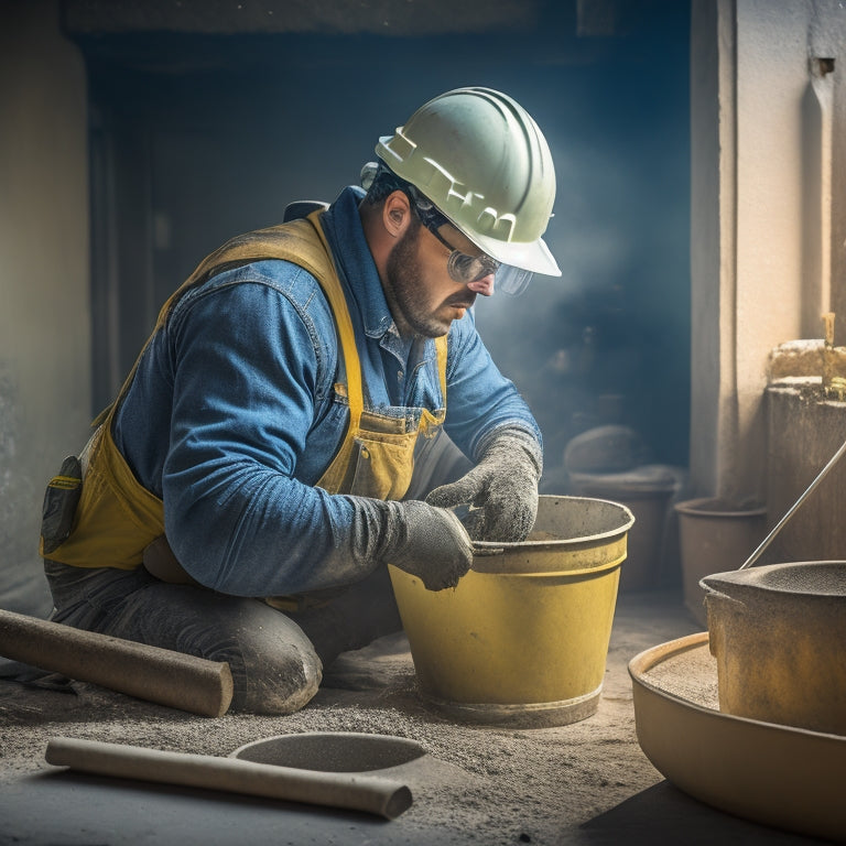A construction worker wearing gloves, safety goggles, and a dust mask, carefully mixing mortar in a bucket, with a trowel and hawk nearby, in a well-ventilated and tidied renovation area.