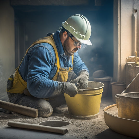 A construction worker wearing gloves, safety goggles, and a dust mask, carefully mixing mortar in a bucket, with a trowel and hawk nearby, in a well-ventilated and tidied renovation area.