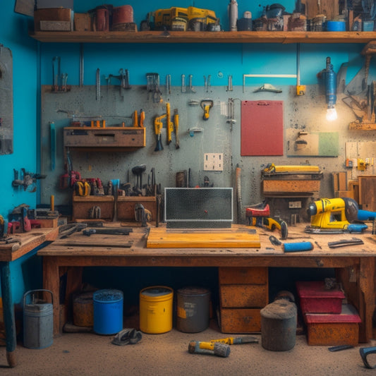 A cluttered workshop with a pegboard in the background, surrounded by various DIY renovation tools, including a hammer, tape measure, level, and power drill, with a faint blueprint in the foreground.