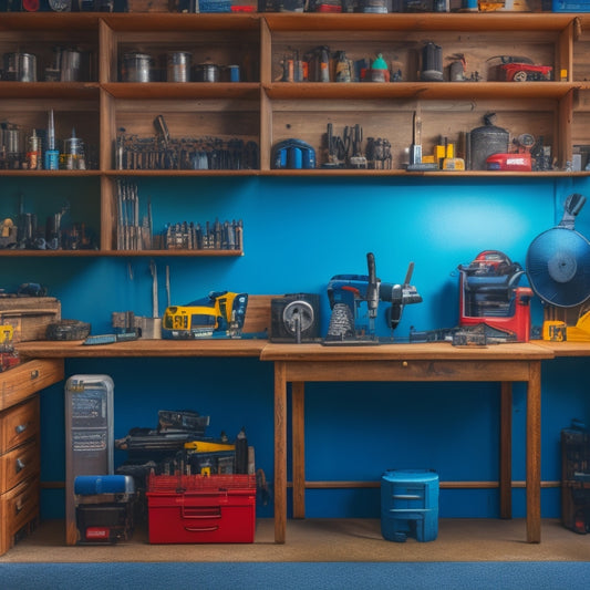A tidy workshop with a pegboard holding organized tools, a toolbox with opened drawers, and a workbench with a cordless drill being cleaned with a soft brush and a can of compressed air nearby.