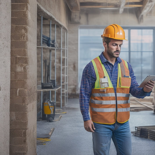 A construction worker in a hard hat and vest, standing in a partially renovated room with exposed wiring and pipes, holding a tablet with a safety checklist, amidst a background of warning signs and caution tape.