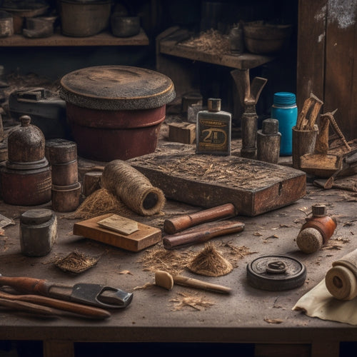 A cluttered workshop table with a variety of worn, high-quality used hand tools, including a wooden-handled hammer, a rusty tape measure, and a well-worn level, surrounded by scattered wood shavings.