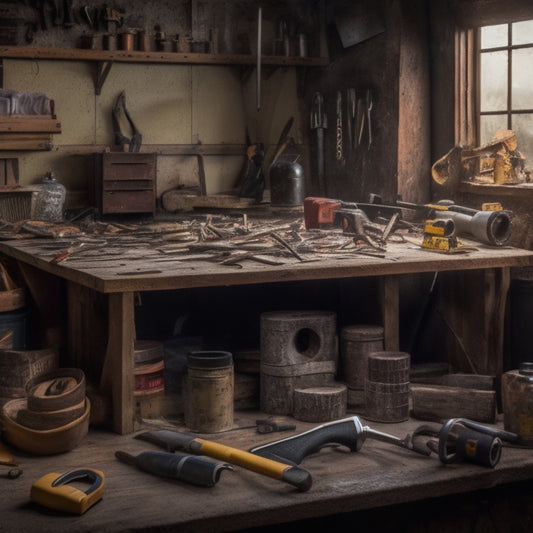 A cluttered workbench with a hammer, tape measure, level, pliers, screwdrivers, and a toolbox in the background, surrounded by scattered renovation materials like drywall, pipes, and wooden planks.