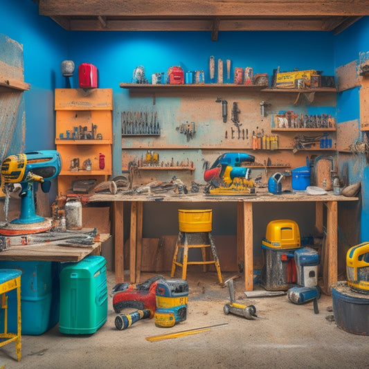A cluttered workshop with a wall renovation in progress, featuring a mix of power tools (circular saw, drill, impact driver) and hand tools (trowel, level, hammer) surrounded by drywall sheets, paint cans, and scattered screws.