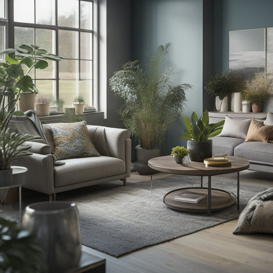 A serene, modern living room with a demolished wall, construction tools, and a 3D floor plan on a tablet, surrounded by calm, natural elements like potted plants and a vase with fresh flowers.