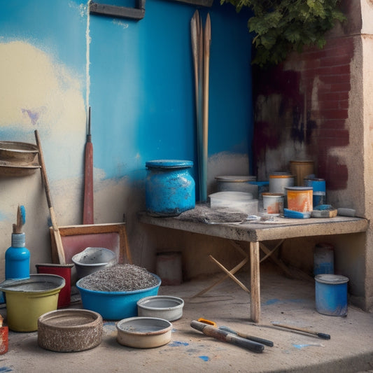 A cluttered exterior wall with worn, faded blocks, amidst scattered painting tools, including a roller extension pole, paint tray, and brushes of varying sizes, surrounded by paint-splattered drop cloths.