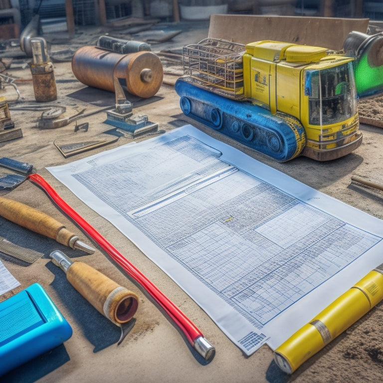 A cluttered construction site with various pipes, tools, and machinery in the background, and a clipboard with a checklist and a pen lying on a pile of blueprints in the foreground.