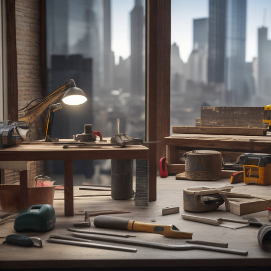An organized workshop with a wooden workbench, various renovation tools like a hammer, tape measure, and level, and a cityscape in the background with a renovated building under construction.