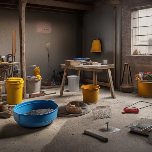 A messy concrete renovation site transforms into a tidy workspace, with tools organized on a pegboard, a bucket of mixed concrete, a trowel, and a level, surrounded by caution tape and a partially completed floor.