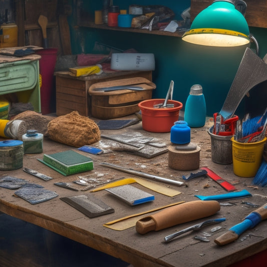 A cluttered workbench with various putty knives of different sizes and materials (stainless steel, carbon steel, and plastic) scattered alongside a half-finished drywall repair, with drywall compound and sandpaper nearby.