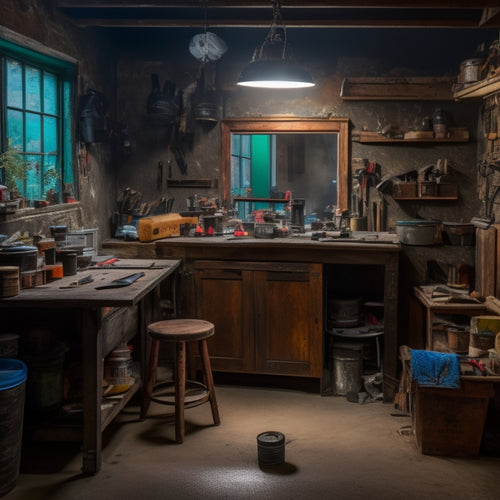 A cluttered, dimly lit garage workshop with a worn, wooden workbench in the center, surrounded by scattered tools, paint cans, and DIY project remnants, with a faint outline of a house renovation plan on a chalkboard in the background.