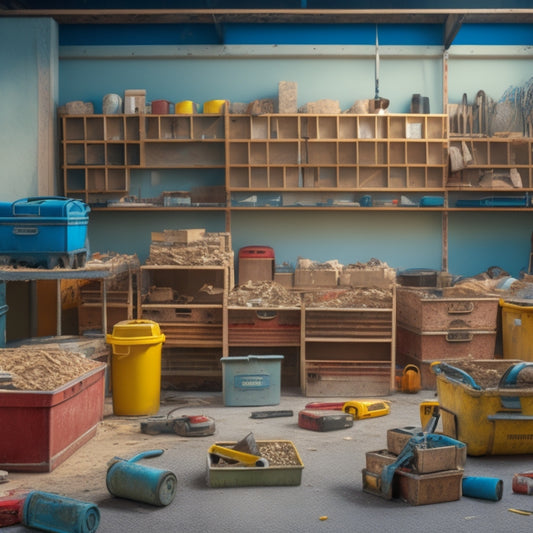A cluttered construction site with scattered cement blocks, tools, and debris, contrasted with a tidy, organized area featuring stacked toolboxes, labeled bins, and a pegboard with hung accessories.