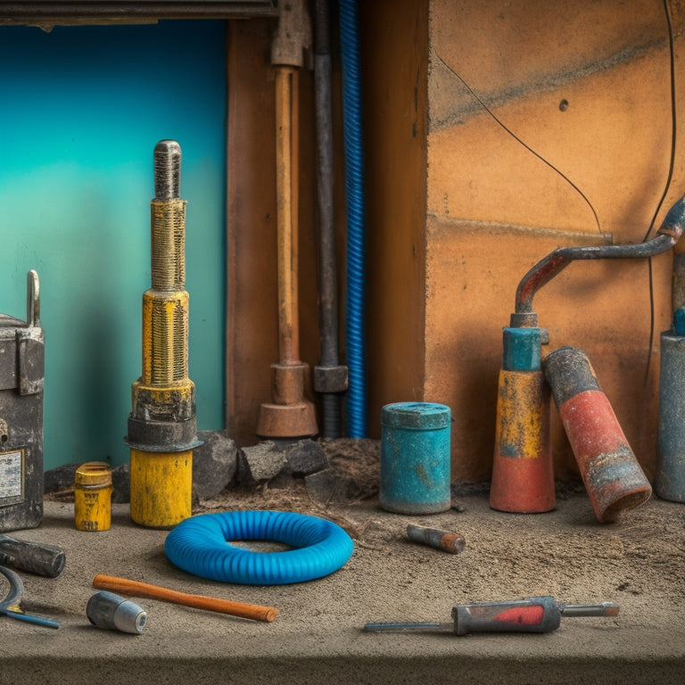A messy concrete wall with cracks, old pipes, and wires exposed, alongside three drills with varying bits and a toolbox in the foreground, set against a construction site backdrop.