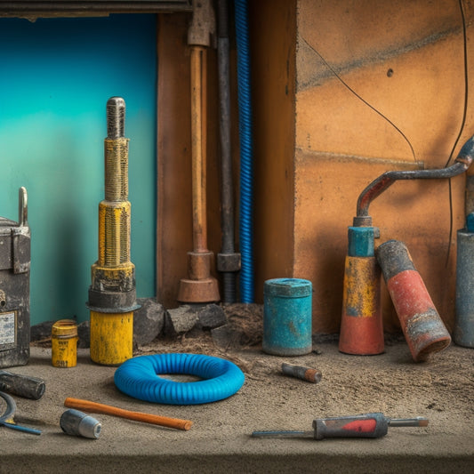 A messy concrete wall with cracks, old pipes, and wires exposed, alongside three drills with varying bits and a toolbox in the foreground, set against a construction site backdrop.