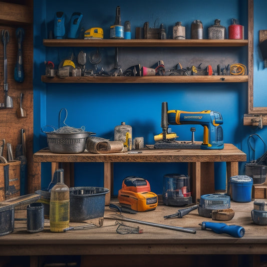 A cluttered home renovation workspace with various mixers, including a cordless drill, impact driver, and rotary hammer, surrounded by scattered tools, wires, and construction materials on a wooden workbench.