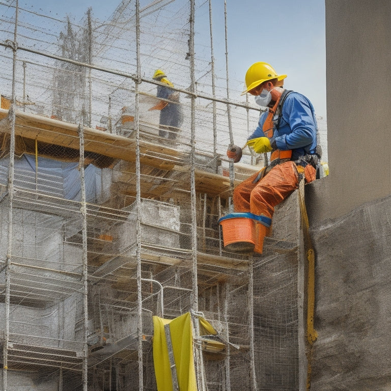 A photograph of a stucco exterior renovation site with a backdrop of scaffolding, tarps, and caution tape, featuring a worker wearing a hard hat, safety glasses, and a dust mask, surrounded by essential gear like ladders, buckets, and tools.