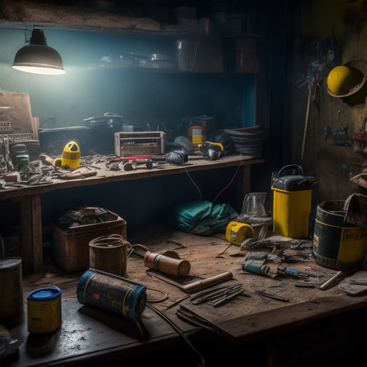 A cluttered, dimly lit room with torn wallpaper, exposed wiring, and scattered tools, surrounded by caution tape, hard hats, safety goggles, and a first-aid kit on a nearby workbench.