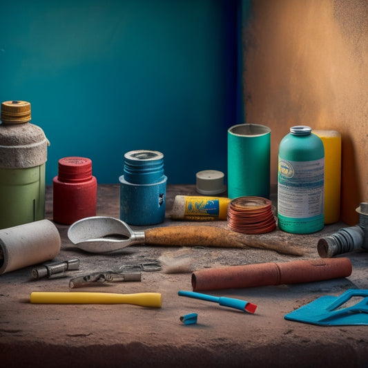 A photograph of a cracked wall with various repair kits and tools surrounding it, including epoxy resin, polyurethane foam, and patching compound, with a subtle background of a renovation site.