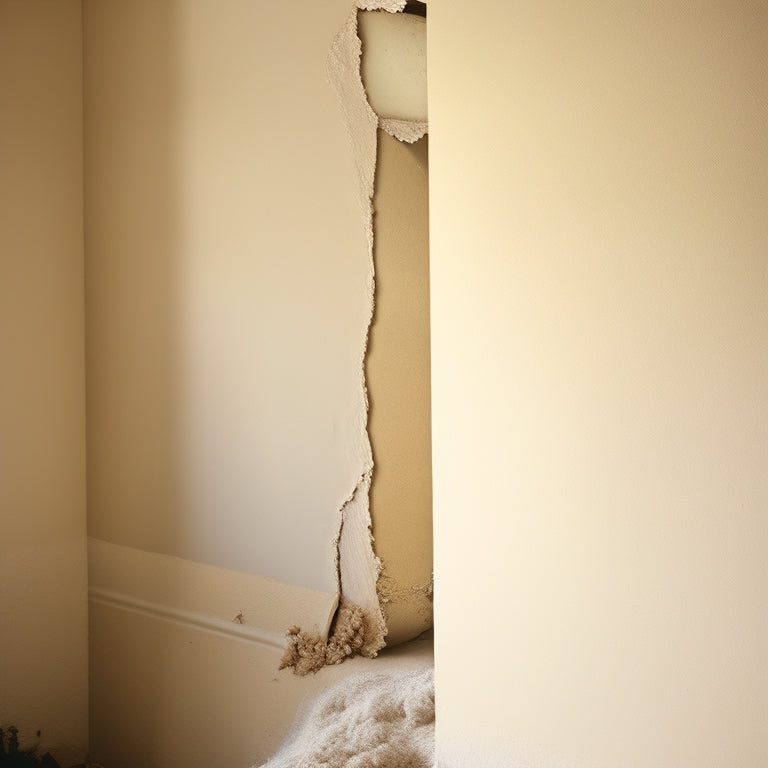 A worn, cream-colored wall with a prominent, jagged crack running diagonally, surrounded by scattered plaster dust and debris, with a putty knife and tub of filler compound nearby.