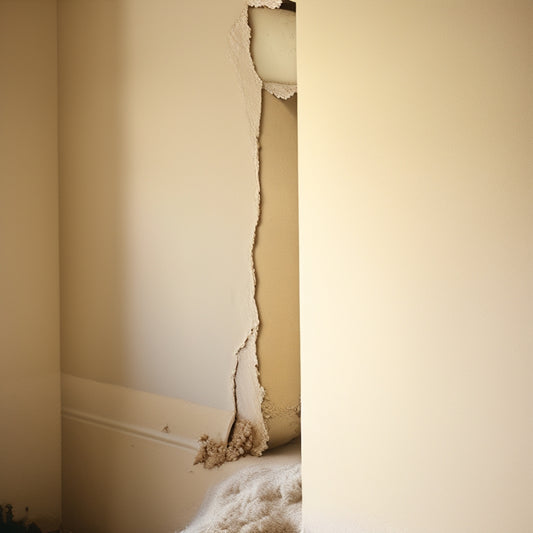 A worn, cream-colored wall with a prominent, jagged crack running diagonally, surrounded by scattered plaster dust and debris, with a putty knife and tub of filler compound nearby.