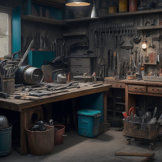 A cluttered garage workshop with a workbench in the center, surrounded by various hand tools like wrenches, pliers, hammers, and screwdrivers, with a subtle renovation project backdrop.