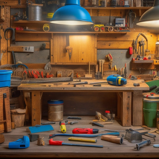 A cluttered but organized workbench with a variety of budget-friendly DIY tools, including a cordless drill, level, and tape measure, surrounded by scattered screws, nails, and wooden planks.