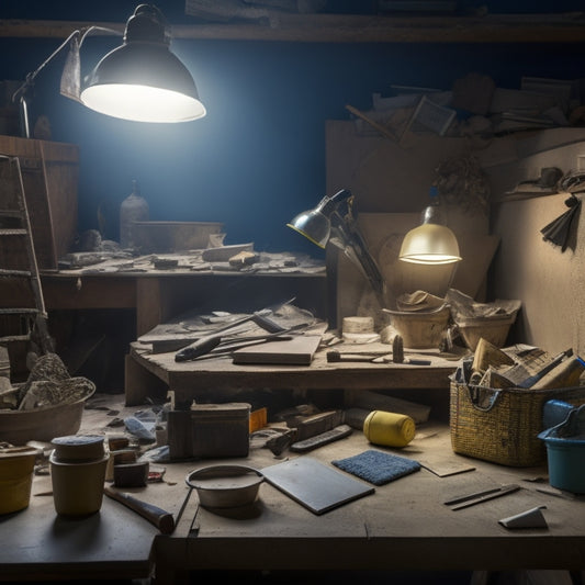 A cluttered, well-lit workstation with various troweling tools scattered across a wooden table, surrounded by half-finished drywall, buckets of joint compound, and a few scattered tiles.